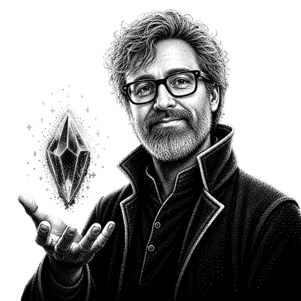 Chris Bolton, creator of crystl, holding a glowing crystal